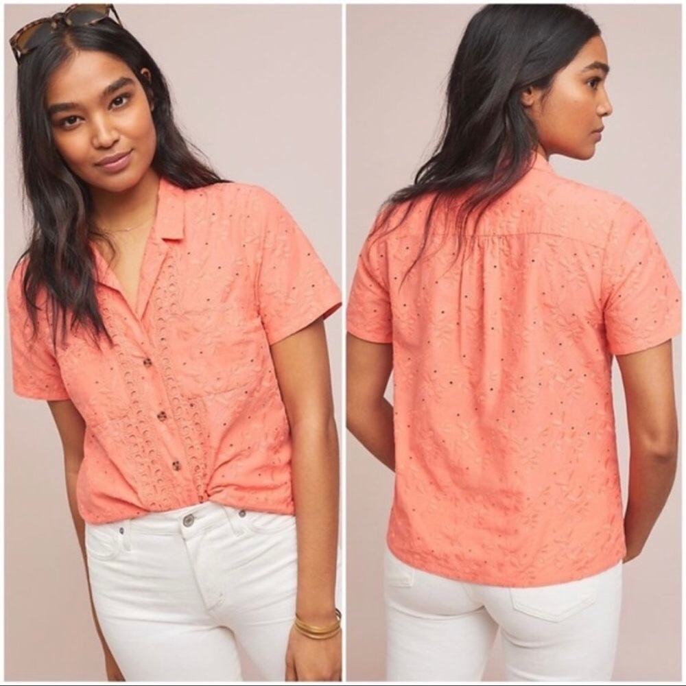 Maeve by Anthropologie Coral Guayabera Embroidered Eyelet Top Size 2